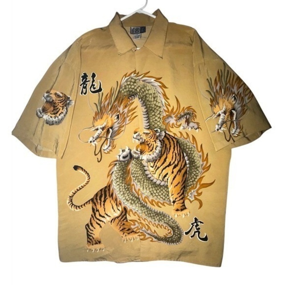 Vintagw Y2k Chinese Dragon Tiger AOP Double Sided Buttom Up Shirt Sz Mens XL